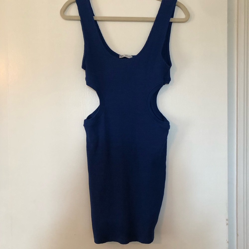 Zara Blue Ribbed Cut-Out Bodycon Mini Dress - Picture 3 of 9